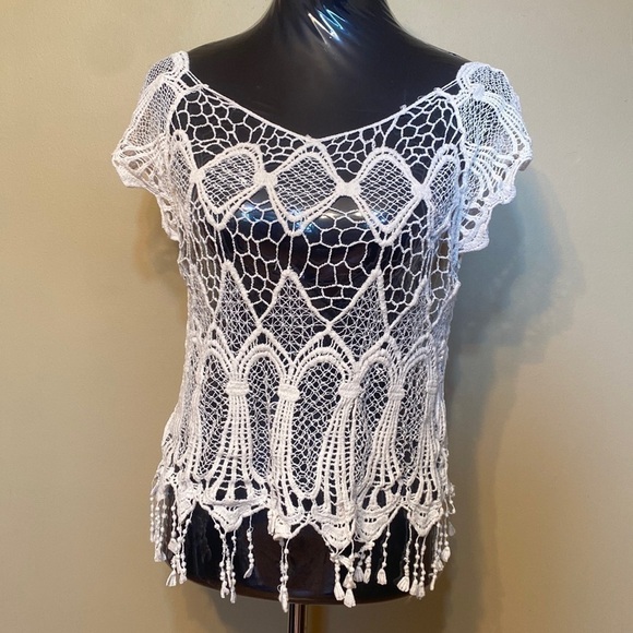 Boho Beach Chic NELLA Fantasia White Crochet Lace Fringe Top Festival Summer - Picture 1 of 8